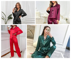 Women’s Simple Daily Long-sleeve Silk Pajama Suit Set With Long Pants