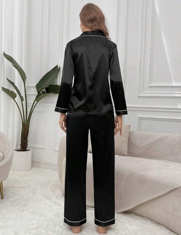 Women’s Simple Daily Long-sleeve Silk Pajama Suit Set With Long Pants