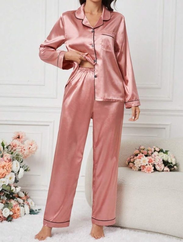 Women’s Simple Daily Long-sleeve Silk Pajama Suit Set With Long Pants