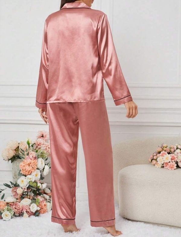 Women’s Simple Daily Long-sleeve Silk Pajama Suit Set With Long Pants