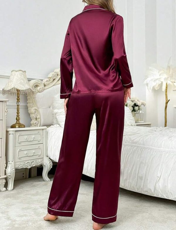 Women’s Simple Daily Long-sleeve Silk Pajama Suit Set With Long Pants