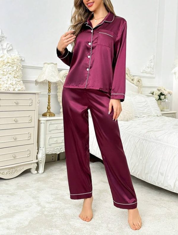 Women’s Simple Daily Long-sleeve Silk Pajama Suit Set With Long Pants