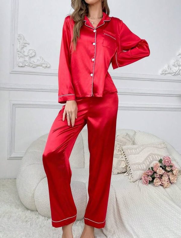 Women’s Simple Daily Long-sleeve Silk Pajama Suit Set With Long Pants