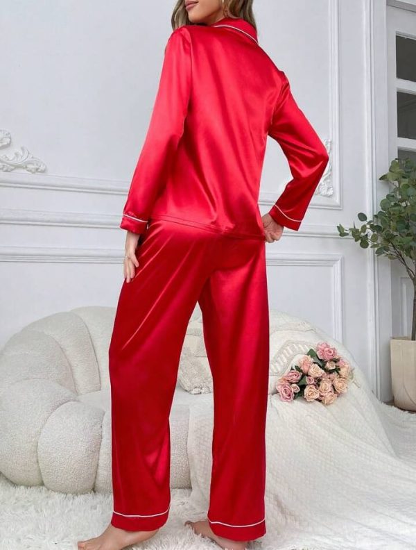 Women’s Simple Daily Long-sleeve Silk Pajama Suit Set With Long Pants